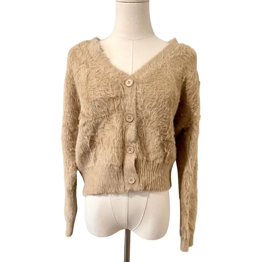 Lili Sidonio Fuzzy Eyelash Knit Cardigan Beige M Button Front